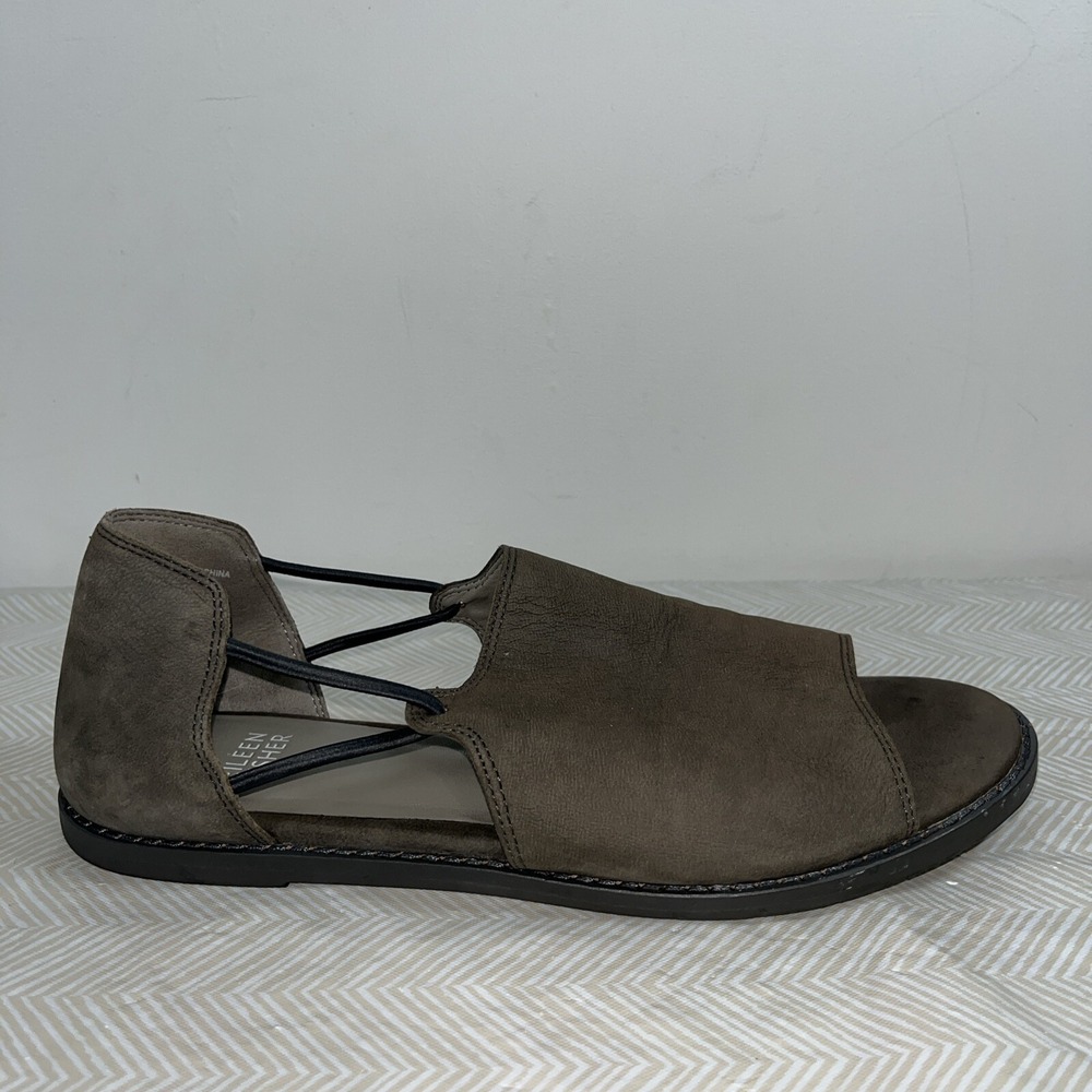 Eileen Fisher Women's Peep Toe Sandals Flat Shoes Sz 7 Brown Suede Flats Leather